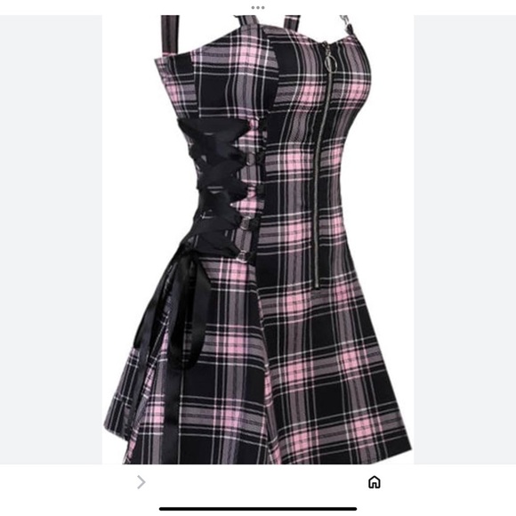 Dolls Kill Lg Gothic/Punk/Witchy Pink/Black Plaid Mini Dress Black Ribbon Laceup - Picture 2 of 12